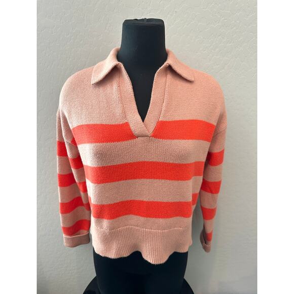 VELVET BY GRAHAM & SPENCER Striped Polo Sweater Tan Red Cotton Cashmere | XS - Picture 2 of 7